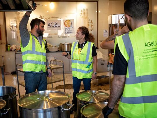 Aline Kamakian supervising AGBU Volunteers at the Yerevan meal preparation  hub in partnership with World Central Kitchen.